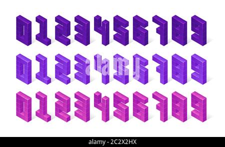 Numeri isometrici composti da cubi 3d. Le cifre viola, viola e rosa sono isolate in fila su sfondo bianco. Elementi vettoriali font geometrici, blocco si Illustrazione Vettoriale