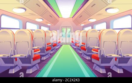 Interno vuoto di autobus, treni o aerei con sedie e tavoli con sedili pieghevoli. Cabina vettoriale cartone animato di trasporto passeggeri con comodo Illustrazione Vettoriale