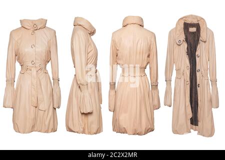 Cappotto di pelle isolato. Impostare il collage di lussuose ed eleganti luminoso beige femmina Cappotto di pelle in quattro viste isolate su uno sfondo bianco. Moda s Foto Stock