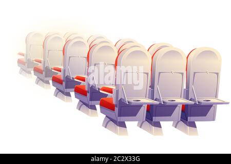 Vista posteriore dei sedili dell'aereo isolata. Piano classe economica sedie vuote e tavoli pieghevoli fila, posti salone di aeromobili. Comode poltrone per viaggiare, Illustrazione Vettoriale