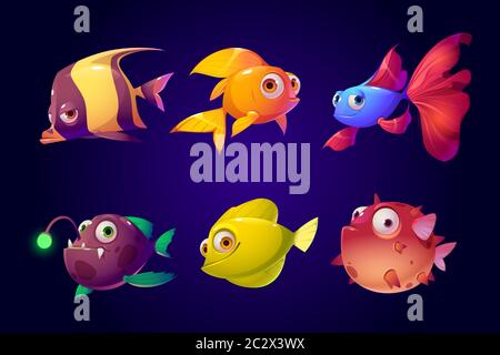 Set di pesci di mare, acquario tropicale colorato e creature marine oceaniche con cute sorridenti volti e grandi occhi, personaggi per il gioco del computer, pesci di mare, Illustrazione Vettoriale