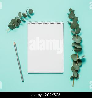 Notebook vuoto, matita e eucalipto su sfondo blu. Notebook vuota della carta e del ramo di eucalipto pastello su sfondo blu con copia spazio per tex Foto Stock