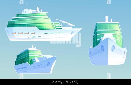 Nave da crociera. Linea passeggeri di lusso per vacanze estive e viaggi in mare. Cartoni animati vettoriali illustrazione di grande nave da crociera per viaggio in oceano davanti e sid Illustrazione Vettoriale