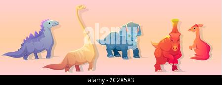 Dinosauri clipart. Carino cartone animato triceratops, parasaurolophus, brachiosaurus e stegosaurus. Caratteri dinosauri vettoriali, insieme di animali preistorici fossili Illustrazione Vettoriale