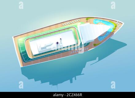 Nave da crociera. Rivestimento passeggeri di lusso per vacanze estive e viaggi in mare vista dall'alto. Cartoni animati vettoriali illustrazione di grande nave da crociera per viaggio in oceano con sw Illustrazione Vettoriale