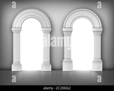 Archi con colonne in muro, porte interne con colonne bianche in palazzo o castello, archi, portale d'ingresso, antico portale con luce del sole andare Illustrazione Vettoriale