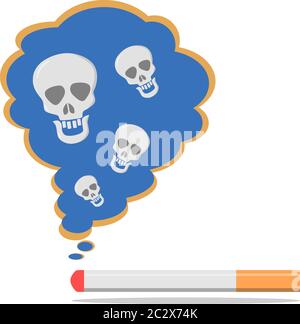 Il fumo di sigaretta e una sigaretta bruciante sono isolati su uno sfondo bianco. Concetto di danno del fumo di tabacco. Vector illustrazione piatta moderna. Illustrazione Vettoriale