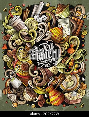 Cafe divertente mano disegnata vettore doodles illustrazione. Illustrazione Vettoriale