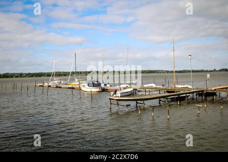 Vista su un piccolo porticciolo nel Bodden sul Mar Baltico Foto Stock