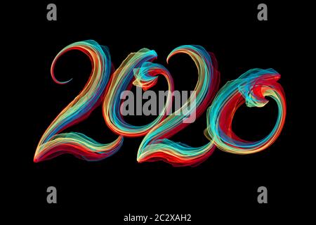 Felice anno nuovo 2020 numeri scritta da fiamma colorata particelle isolate su sfondo nero Foto Stock