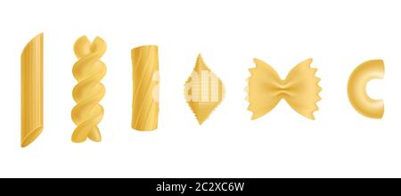 Set pasta e maccheroni, penne secche, fusilli, rigatoni, conchiglie, farfalle, chiferri isolati su sfondo bianco, elementi di design per la pubblicità alimentare Illustrazione Vettoriale