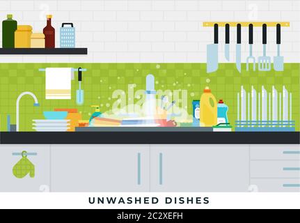 Piatti non lavati nel lavandino in cucina vettore illustrazione in stile piatto. Illustrazione Vettoriale