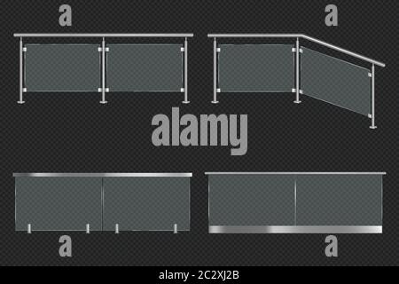 Balaustra in vetro con balaustra in ferro frontale e vista angolare. Vettore realistico mockup di diverse sezioni di recinzione acrilica trasparente con isolo di ringhiera metallica Illustrazione Vettoriale