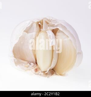 Aperto aglio bianco tubero, i chiodi di garofano con buccia, isolati su sfondo bianco. Il cibo, il concetto di salute Foto Stock