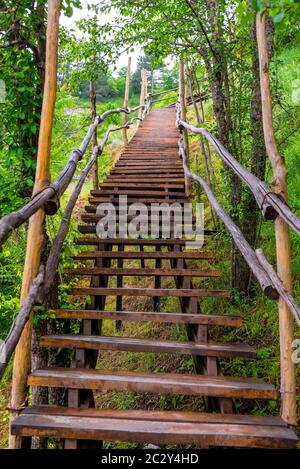 Scala in legno nel parco estivo vicino, nessuna gente Foto Stock