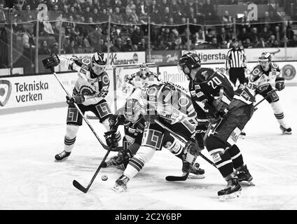 Linköping, Svezia 20160123 SHL partita tra Linköping HC (LHC) -Frölunda HC nell'arena di Saab. La foto: LHC n° 18 Jakob Lilja e n° 20 Nick Sörensen contro il n° 51 di Frölunda Mats Olsen Rosseli. Foto Gippe Gustafsson Foto Stock