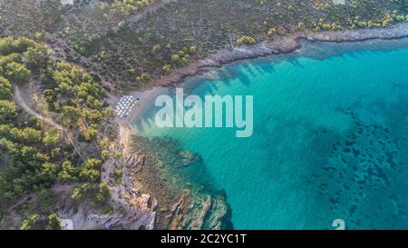 Vista aerea della spiaggia Notos. Thassos Island, Grecia Foto Stock