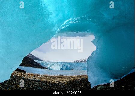 Pezzo di ghiaccio blu contro il ghiacciaio costiero della Cordillera Darwin, Patagonia, Cile, Sud America Foto Stock