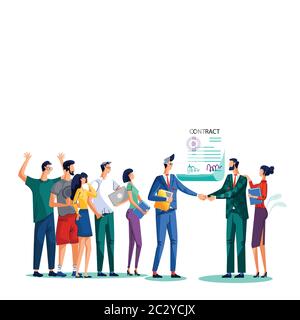 Illustrazione vettoriale della conclusione del contratto e del concetto di lavoro di squadra. Uomini d'affari soddisfatti scuotono le mani contro l'accordo firmato con sigillo e firme, il Illustrazione Vettoriale