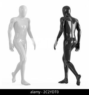 Manichino bianco e nero in plastica lucida si avvicinano l'uno all'altro per il rendering 3d Foto Stock