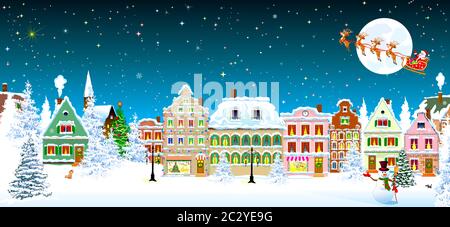 Case, città, chiesa, abete rosso. In inverno il paesaggio della città. La Vigilia di Natale di notte. Cielo stellato. Babbo Natale su di una slitta con caprioli sullo sfondo di th Foto Stock