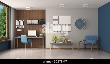 Home Office con scrivania su pannelli in legno, poltrona e tavolino da caffè - 3d rendering Foto Stock