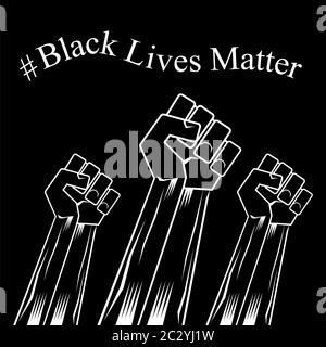 Il primo si è alzato. Black Lives Matter Banner per protesta su sfondo scuro. Mano umana. Fermare la violenza ai popoli neri Foto Stock