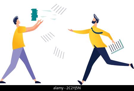 Due impiegati in fretta, i caratteri maschili corrono e provano a prendere i fogli o i documenti cadenti di carta. Concetto di scadenza, panico e stress sul luogo di lavoro Illustrazione Vettoriale