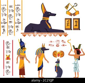 Antico Egitto muro arte o elemento murale vettore cartoon. Pittura monumentale con geroglifici e simboli della cultura egiziana, antichi dei e figu umano Illustrazione Vettoriale