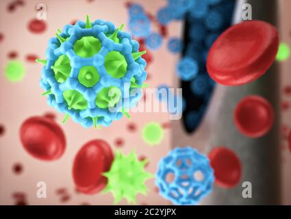 Iniezione di antivirali contro l'attacco di virus nel flusso sanguigno. Immagine concettuale della scienza e della tecnologia, progresso della medicina e del laboratorio Foto Stock