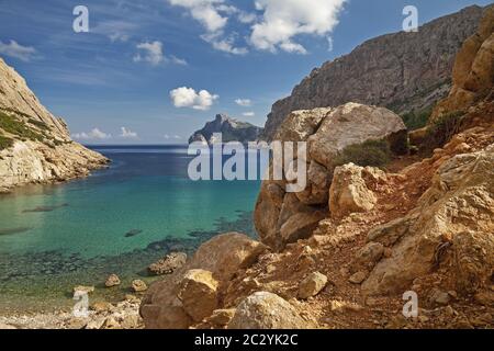 Costa e baia Cala Boquer, Port De Pollenca, Maiorca, Isole Baleari, Spagna, Europa Foto Stock