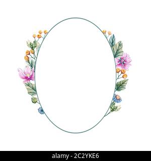 Illustrazione ad acquerello con cornice ovale di fiori selvatici per un matrimonio. Scheda floreale con fiori di colore rosa, foglie e germogli di malva. Autunno, estate e spr Foto Stock