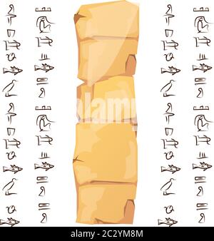 Antico Egitto papiro, pietra pilastro o cartoni animati argilla illustrazione vettoriale. Carta antica per la memorizzazione di informazioni, geroglifici egizi o simboli, Illustrazione Vettoriale