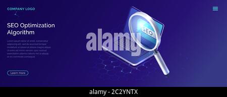 SEO, algoritmo di ottimizzazione dei motori di ricerca, illustrazione isometrica dei vettori concettuali. Laptop e lente di ingrandimento per il monitoraggio e l'analisi dei dati, blu Illustrazione Vettoriale