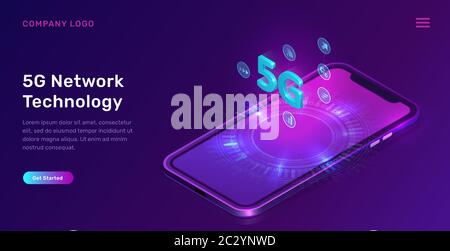 Tecnologia di rete 5G, illustrazione vettoriale del concetto isometrico. Schermo dello smartphone con Internet wireless con simbolo 5G e icone di interfaccia isolate su ultra Illustrazione Vettoriale