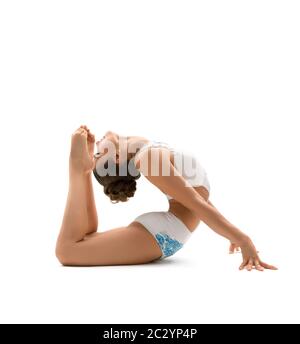 Donna ginnastica isolato su sfondo bianco Foto Stock