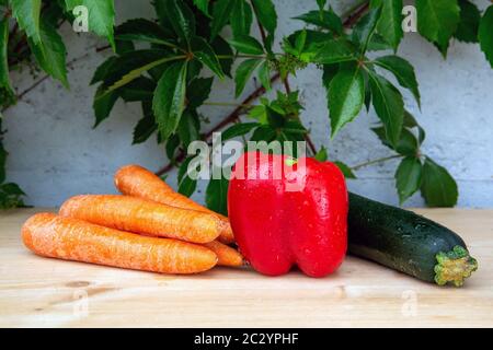 carote, peperone rosso e zucchine su tavola di legno con pianta sullo sfondo Foto Stock