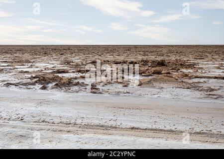 Vista panoramica del lago di cristallo di sale di karum in depressione Danakil, Afar regione Etiopia, Africa deserto. Foto Stock