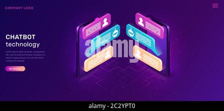 Chat bot o mobile chat, illustrazione vettoriale isometrica concettuale. Icone sms di dialogo o bolle di testo sullo schermo di due smartphone uno di fronte all'altro, Illustrazione Vettoriale