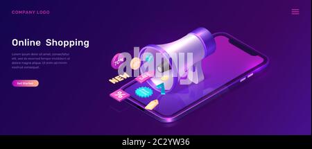 Marketing digitale e shopping online, illustrazione vettoriale del concetto isometrico. Telefono cellulare, grande megafono o altoparlante e vendita 3D e sconto PROM Illustrazione Vettoriale