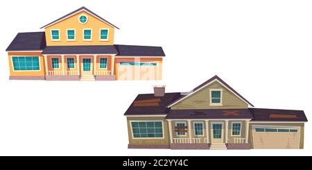 Vecchia casa di baraccopoli rotta e nuovo cottage. Edificio abbandonato e fatiscente con finestre a bordo e moderna casa suburbana con garage. Woo vettoriale cartoon Illustrazione Vettoriale