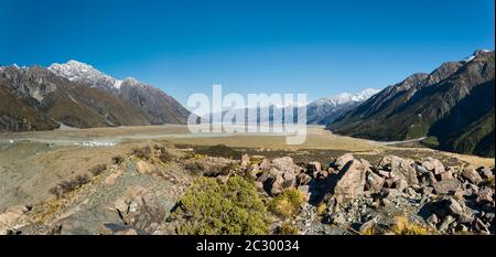 Vista sulla Hooker Valley, Aoraki, il Parco Nazionale del Monte Cook, Twizel, Canterbury, Nuova Zelanda Foto Stock