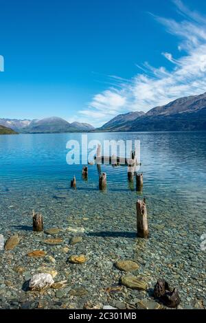 Molo decaduto, vecchi pali di legno nel lago Wakatipu, vicino a Glenorchy, Otago, Isola del Sud, Nuova Zelanda Foto Stock