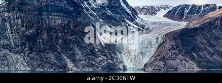 Vista panoramica del ghiacciaio, Golfo di Buchan, Isola di Baffin, Nunavut, Canada del Nord Foto Stock