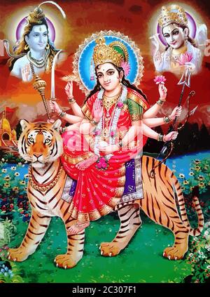 Induismo signore shiva spirituale Lakshmi illustrazione tigre cavalcare Foto Stock