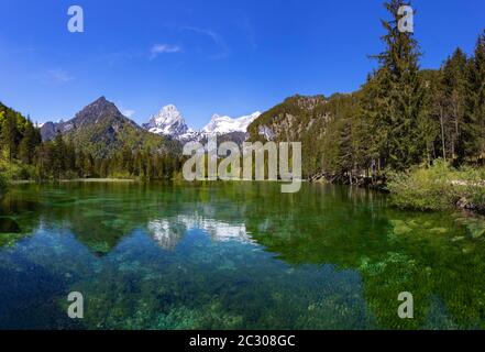 Schiederweiher, di fronte alle montagne Grosser torrente maremoto e Spitzmauer, Totes Gebirge, regione di Hinterstoder torrente Pyhrn-tidal Foto Stock