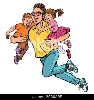 Papà supereroe vola e porta la figlia e il figlio a braccia. il congedo di paternità. La Pop art retrò illustrazione vettoriale kitsch vintage Foto Stock