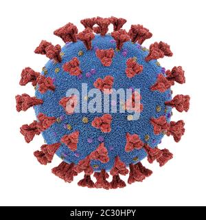 Coronavirus, gruppo di virus che causano malattie nei mammiferi e negli uccelli. Nell'uomo, il virus causa infezioni respiratorie. Illustrazione 3D, conceptua Foto Stock