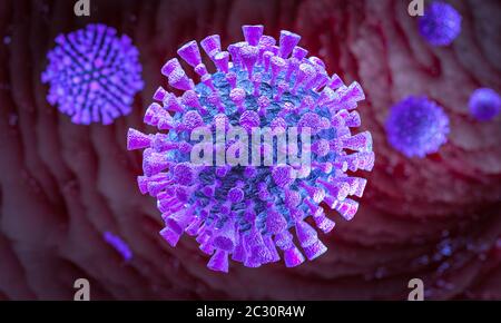 dettaglio del virus corona al microscopio. 3D render. Concetto di influenza e virus asiatici e generici. Foto Stock