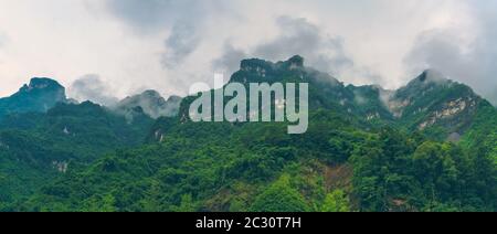 Vista panoramica del famoso Santo Tianmen sacri monti coperti nella nebbia mattutina e la nebbia, Zhangjiajie, Cina Foto Stock